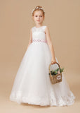 Floor-length Sleevelesss Lace Tulle Flower Girl Dresses With Pink Bowknot