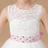 Floor-length Sleevelesss Lace Tulle Flower Girl Dresses With Pink Bowknot