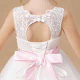 Floor-length Sleevelesss Lace Tulle Flower Girl Dresses With Pink Bowknot