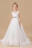 A Line Sleevelesss Tulle Floor-Length Flower Girl Dresses With Belt