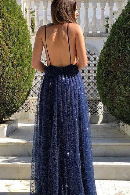 Sexy Deep V-Neck Sequins Backless Long Prom Dresses N2482