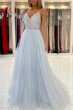 Spaghetti Straps V-Neck Tulle Long Prom Dress With Beads PD0678