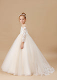 Floor Length Long Sleeves Lace Tulle Satin Flower Girl Dresses