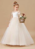 Floor Length Long Sleeves Lace Tulle Satin Flower Girl Dresses