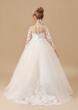 Floor Length Long Sleeves Lace Tulle Satin Flower Girl Dresses