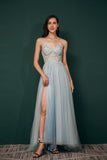 New Arrival Spaghetti Straps Beading Front Split Long Sky Blue Prom Dresses Y441055