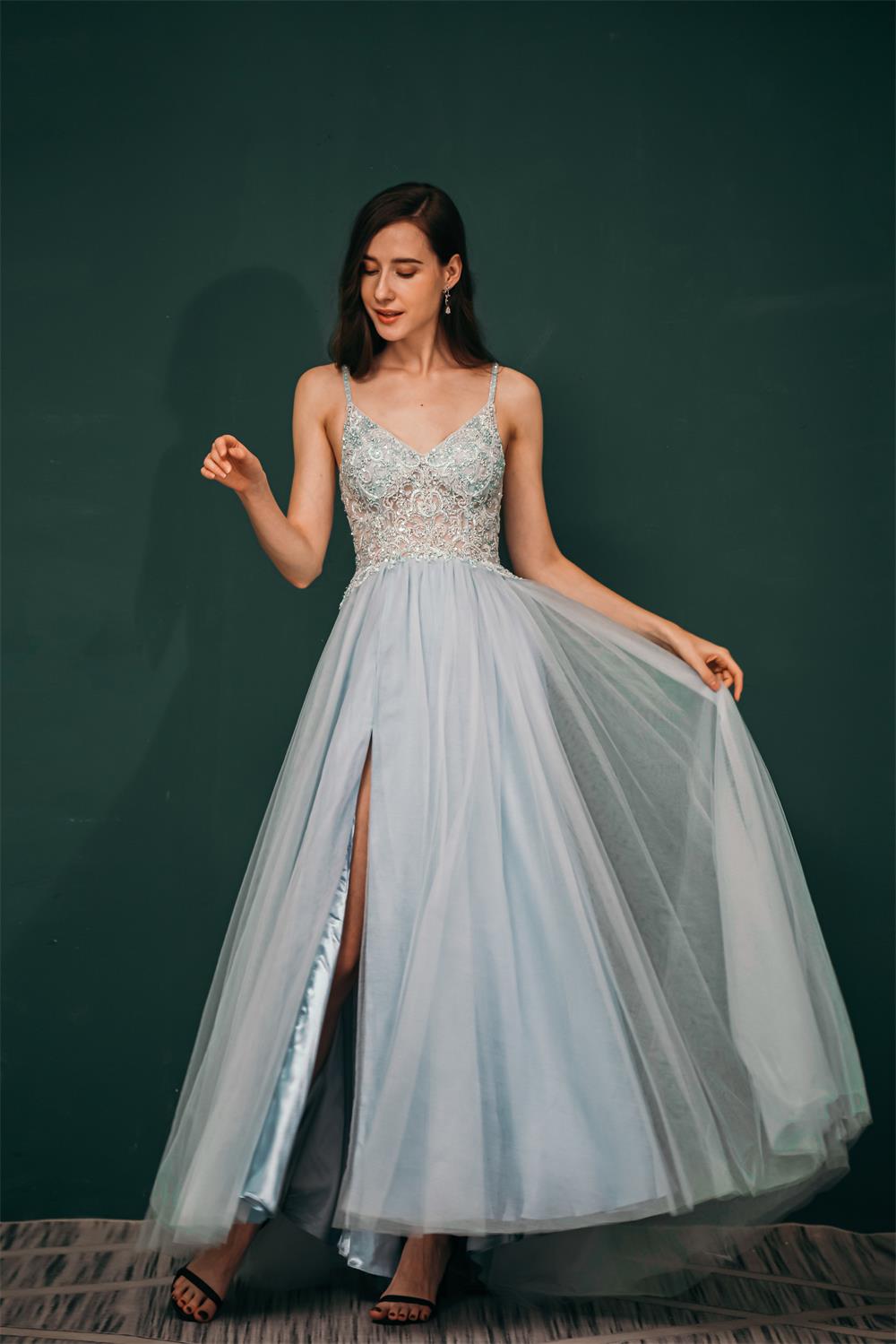 New Arrival Spaghetti Straps Beading Front Split Long Sky Blue Prom Dresses Y441055
