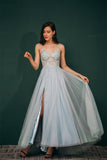 New Arrival Spaghetti Straps Beading Front Split Long Sky Blue Prom Dresses Y441055