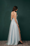 New Arrival Spaghetti Straps Beading Front Split Long Sky Blue Prom Dresses Y441055