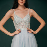 New Arrival Spaghetti Straps Beading Front Split Long Sky Blue Prom Dresses Y441055