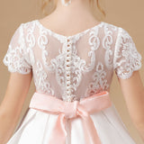 Ivory Floor-length Lace Satin Flower Girl Dresses With Pink Bowknot