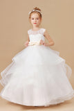 Ivory Multi-layered Tulle Ruffled Satin Flower Girl Dresses With Champagne Bow