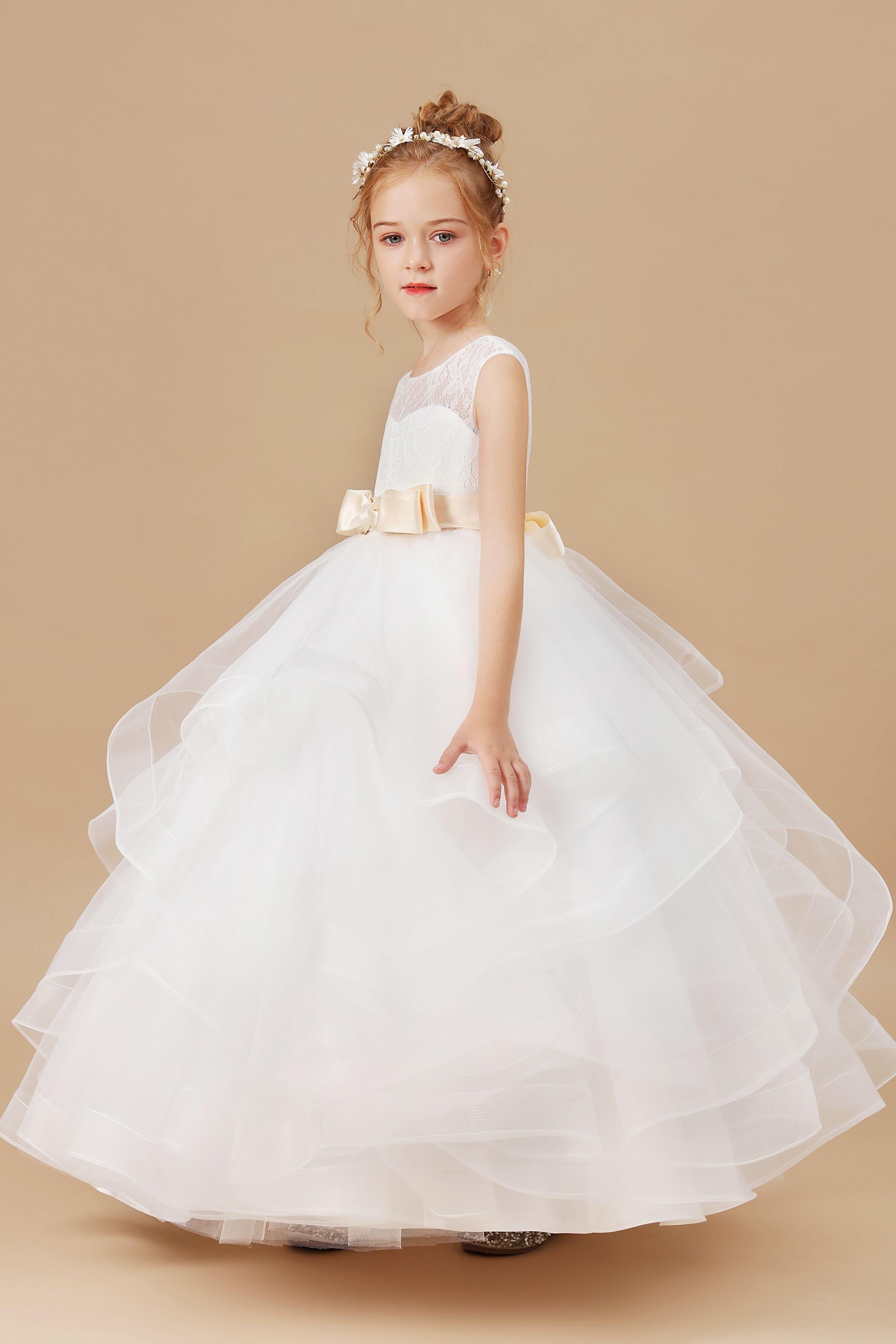 Ivory Multi-layered Tulle Ruffled Satin Flower Girl Dresses With Champagne Bow