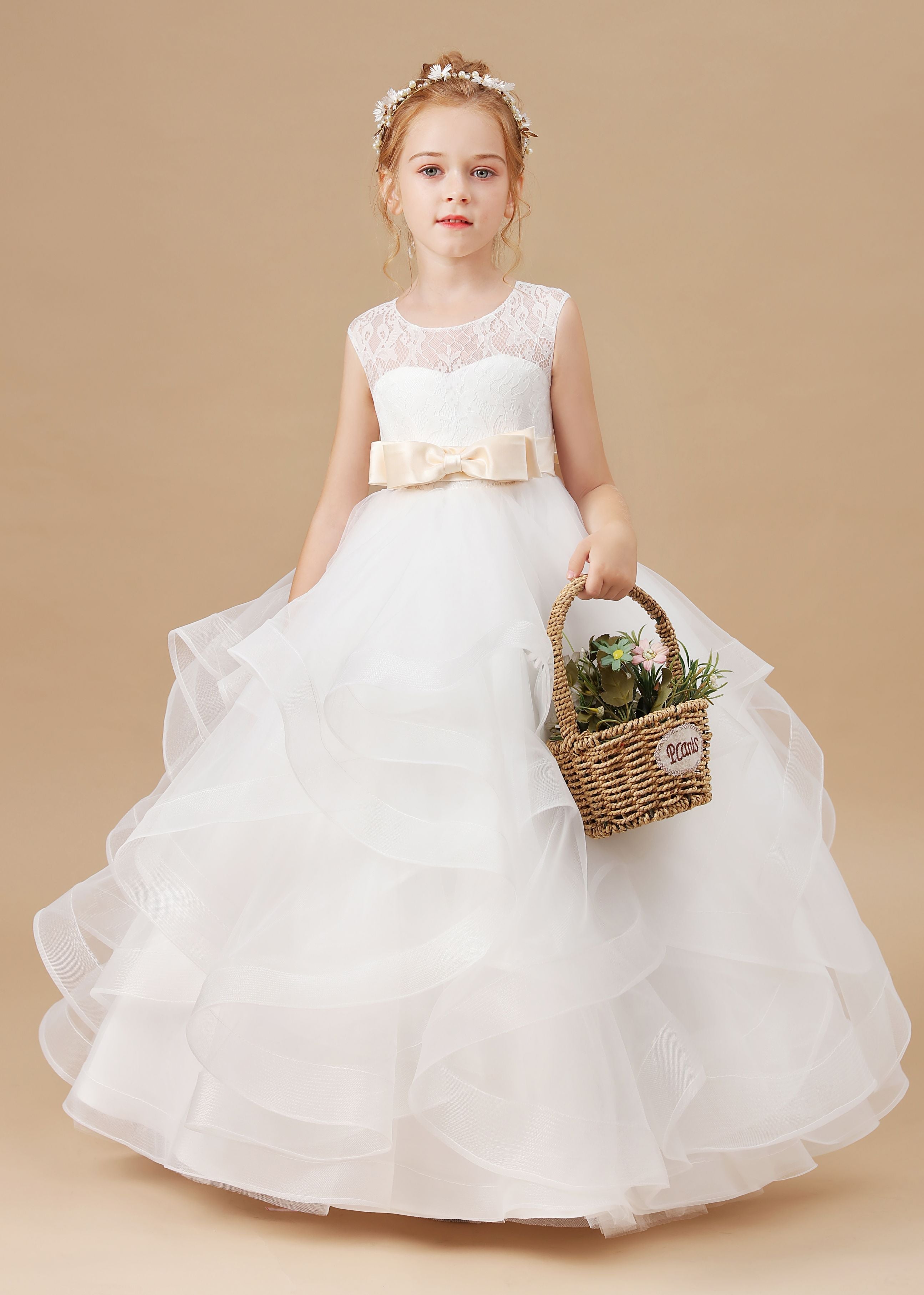 Ivory Multi-layered Tulle Ruffled Satin Flower Girl Dresses With Champagne Bow