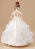 Ivory Multi-layered Tulle Ruffled Satin Flower Girl Dresses With Champagne Bow