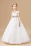 Ivory Sleeveless Tulle Applique Flower Girl Dresses With Champagne Bowknot