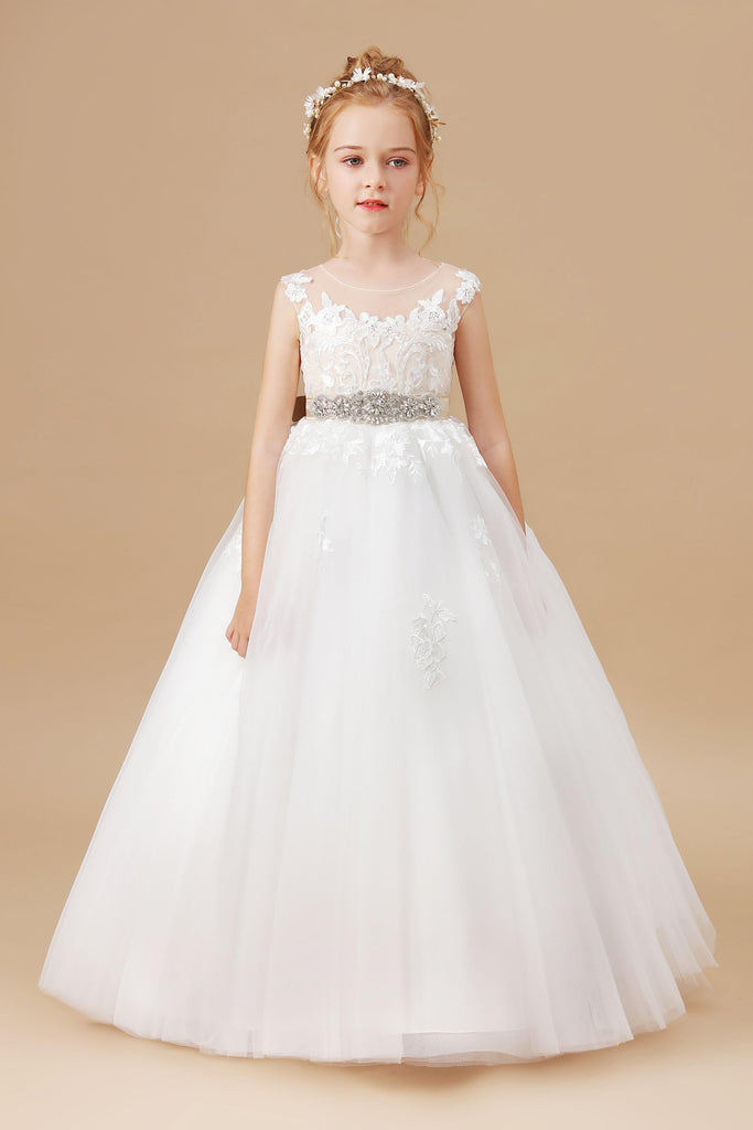 Ivory Sleeveless Tulle Applique Flower Girl Dresses With Champagne Bowknot