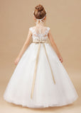 Ivory Sleeveless Tulle Applique Flower Girl Dresses With Champagne Bowknot