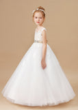 Ivory Sleeveless Tulle Applique Flower Girl Dresses With Champagne Bowknot