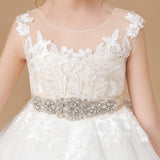 Ivory Sleeveless Tulle Applique Flower Girl Dresses With Champagne Bowknot