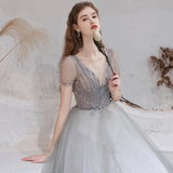 A Line V-Neck Short Sleeve Floor Length Prom Dresses Sequins Party Dresses WH361013
