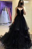 A-Line Black Spaghetti Straps Evening Dresses Tulle Long Prom Dresses