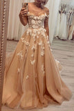 Stylish A Line Tulle 3D Flowers Evening Dress Off the Shoulder Long Prom Dress