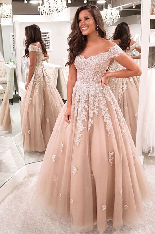 Off the Shoulder Tulle Lace Long Appliques Formal Evening Dress A-Line Prom Dress