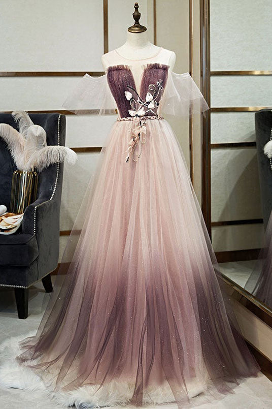Unique A Line Tulle Formal Evening Dresses Applique Long Prom Dresses