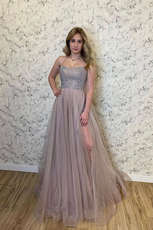 A-Line Stylish Tulle Spaghetti Straps Evening Dress Beads Long Prom Dress With Slit