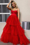 Red Tulle Spaghetti Straps Rufles Formal Evening Dress A-Line Long Prom Dress
