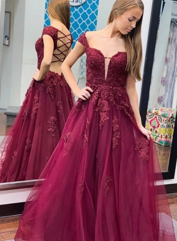 A-Line Tulle Burgundy Lace Appliques Formal Evening Dress Long Prom Dress