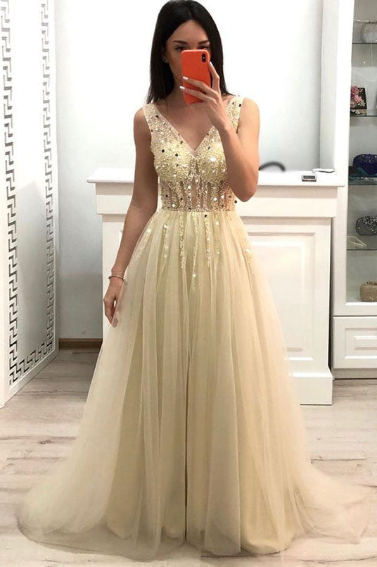 V-Neck A-Line Formal Evening Dress Tulle Beads Long Prom Dress