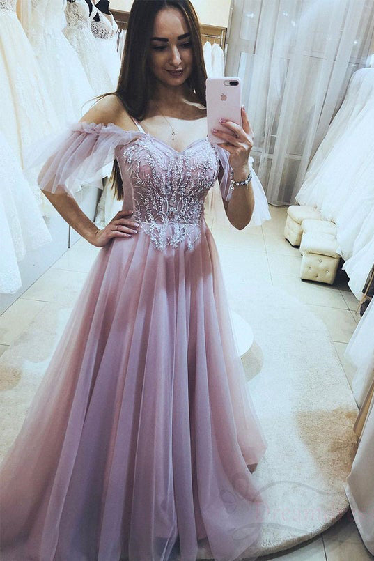 A-Line Pink Lulle Lace Appliques Formal Evening Dresses Long Prom Dresses