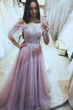 A-Line Pink Lulle Lace Appliques Formal Evening Dresses Long Prom Dresses