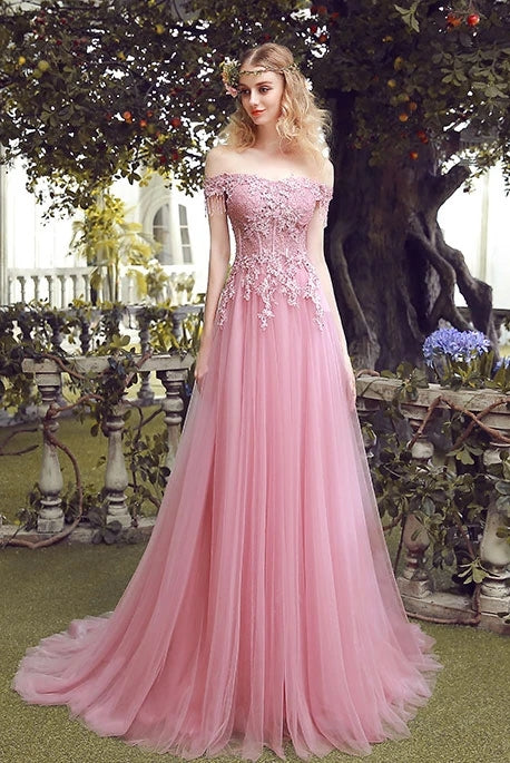 Pink Off the Shoulder Tulle Prom Dresses with Lace Appliques Long Evening Dresses N2677