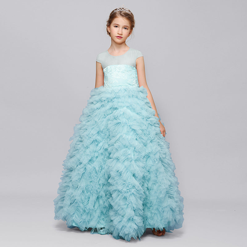 Beauty Princess Lace Cap Sleeve Tulle Flower Girl Gown