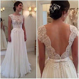 A Line Lace Appliqued Cap Sleeves Ivory Chiffon Bridal Dresses