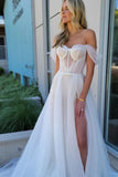 Fairy A Line Off the Shoulder Sparkly Tulle Wedding Dresses with Slit N130