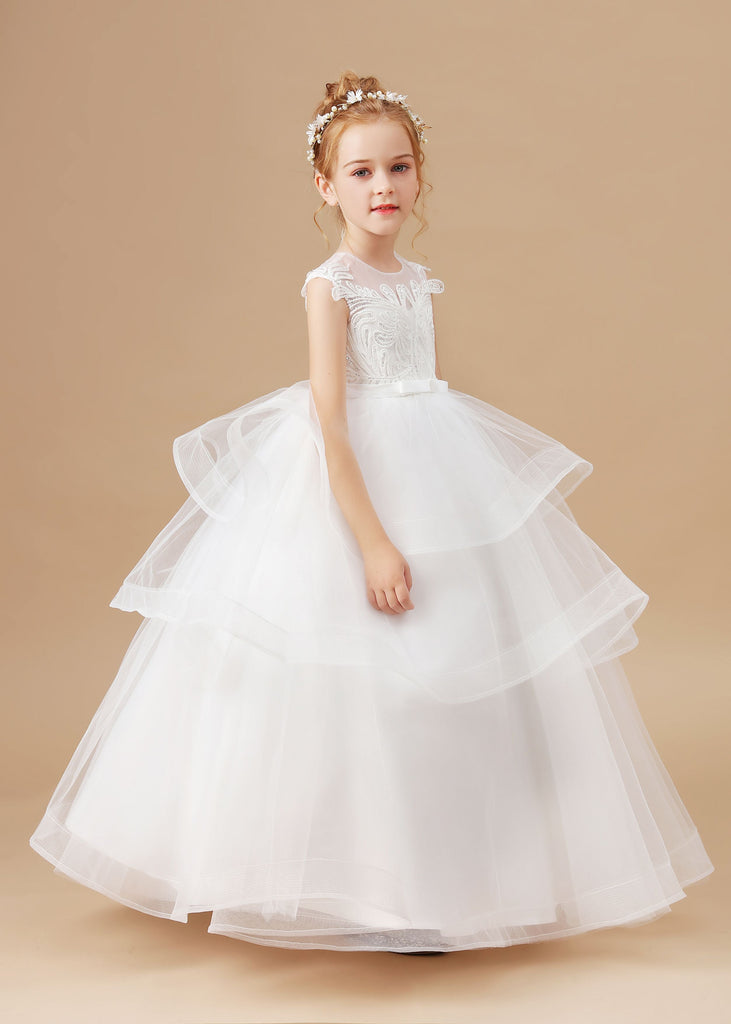 Ivory Multi-layered Tulle Ruffled Satin Flower Girl Dresses With Bow ...