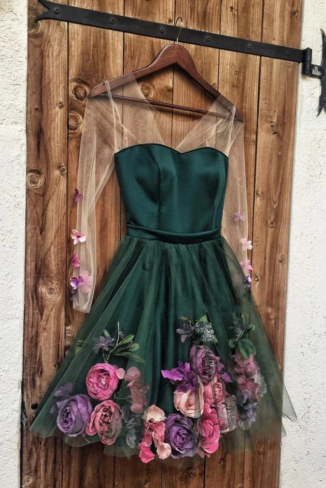 Pink V-Neck 3D Applique Short Prom Dresses Long Sleeves Homecoming Dresses N1840