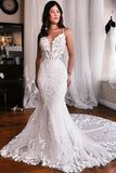 Charming Mermaid V Neck Lace Appliques Wedding Dresses N026