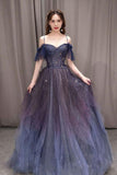 A Line Off The Shoulder Ombre Tulle Evening Dresses Long Prom Dresses