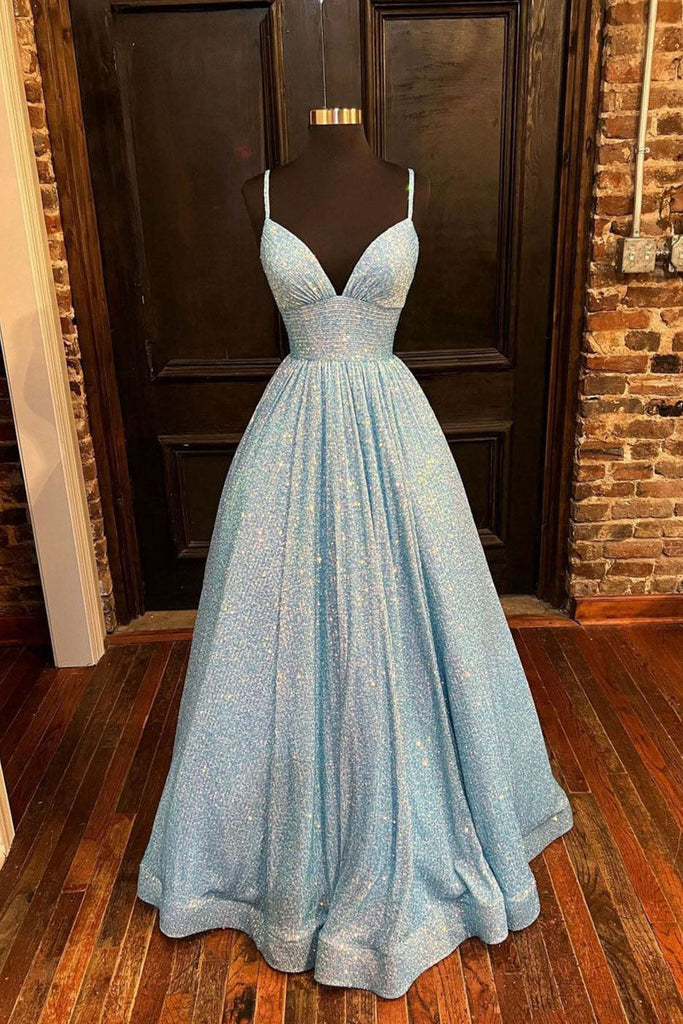 Blue A-Line V-Neck Sequin Formal Evening Dress Long Prom Dress