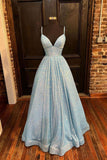 Blue A-Line V-Neck Sequin Formal Evening Dress Long Prom Dress