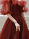 Burgundy Off Shoulder A Line Formal Evening Dresses Tulle Long Prom Dresses