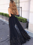 Black Lace Sequins Sweetheart Appliques Long Prom Dress With Slit Evening Dress