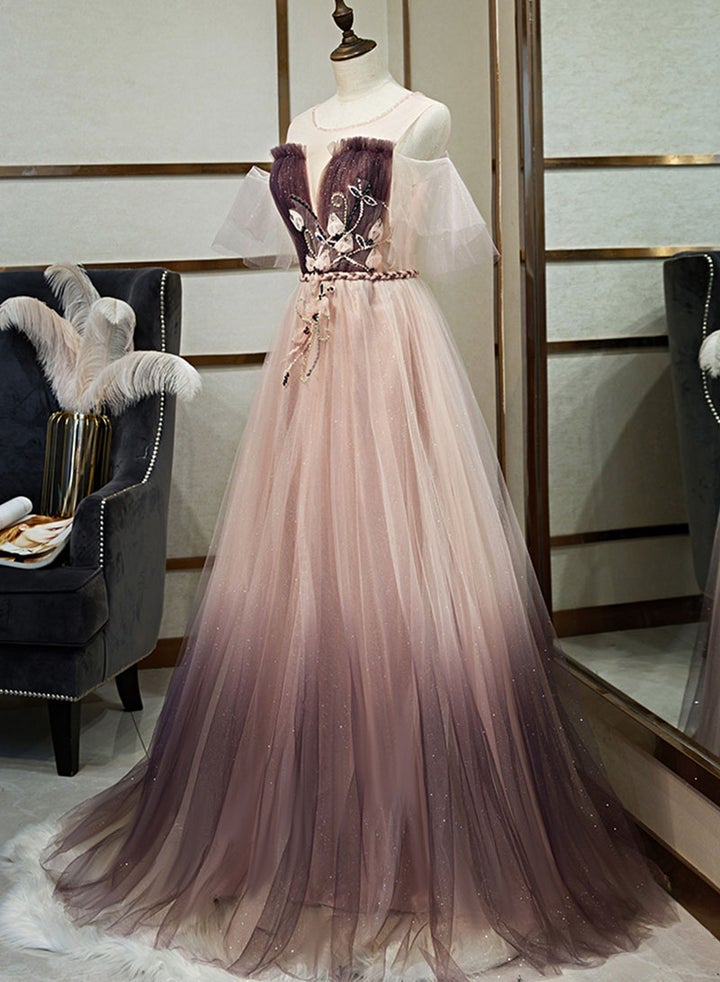 Unique A Line Tulle Formal Evening Dresses Applique Long Prom Dresses