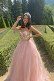 Pink Strapless A-Line Lace Top Tulle Formal Evening Dress Long Prom Dress