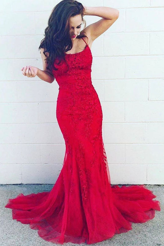 Mermaid Lace Appliques Red Spaghetti Straps Evening Dress Long Prom Dress